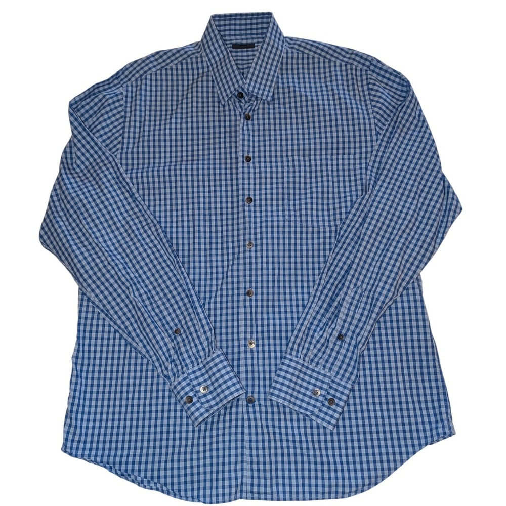 Patrick Assaraf Mens‎ Blue Gingham Check Long Sleeve Dress Shirt 100% Cotton L